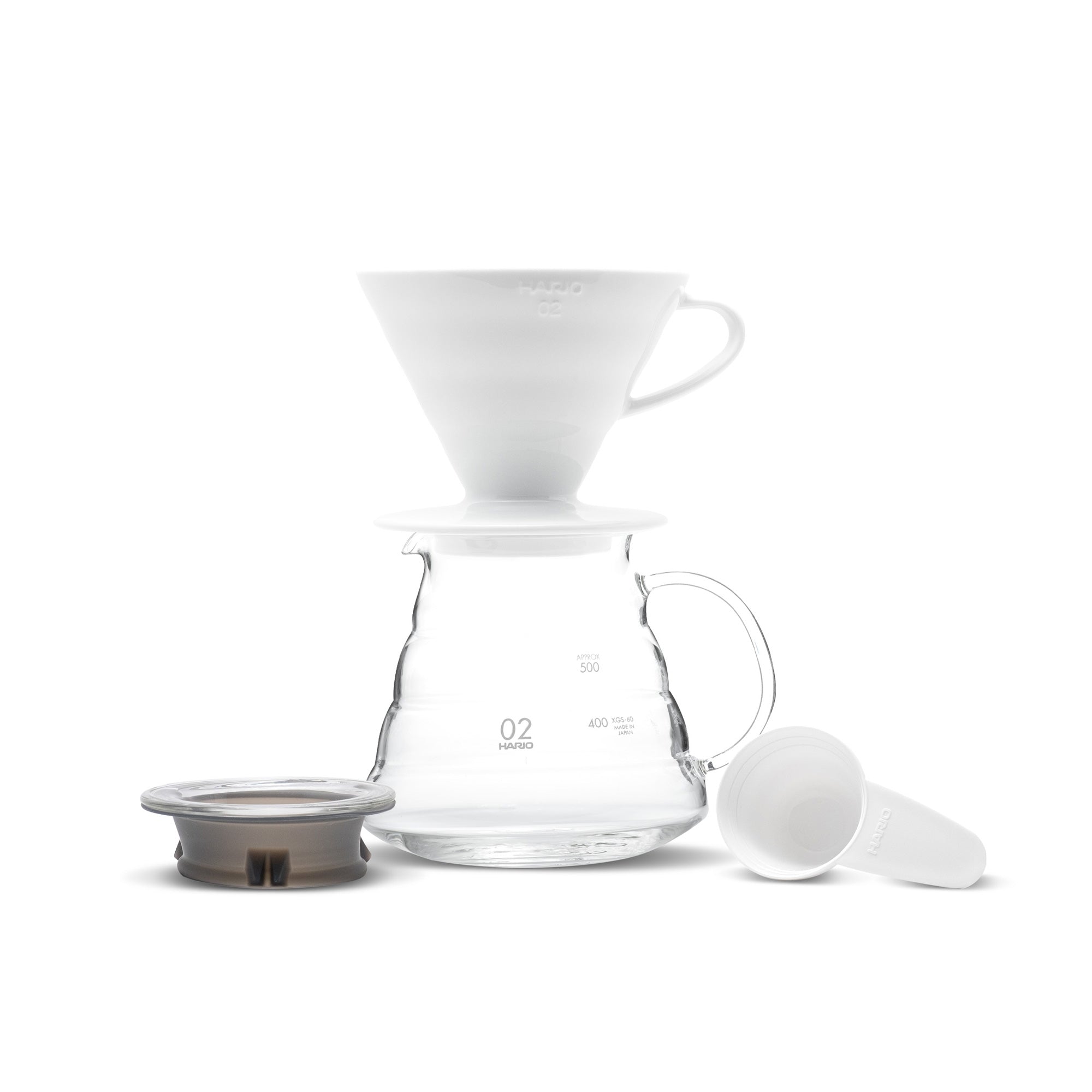 Hario V60 Coffee Pour Over Kit Bundle - Comes with Ceramic Dripper Measuring Spoon Glass Pot and Package of 100 Filters