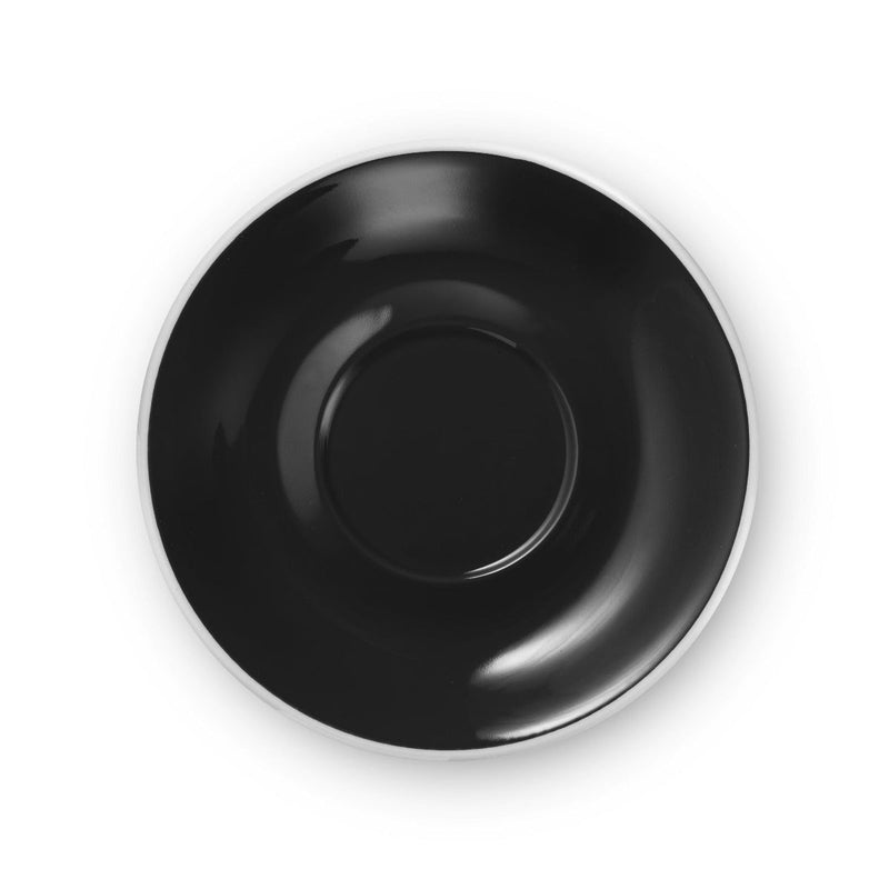 black egg shaped latte cup and saucer