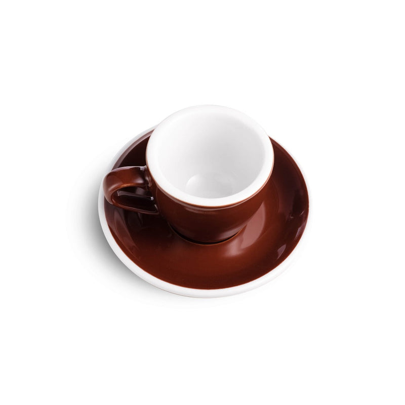 brown egg shaped espresso cup and saucer