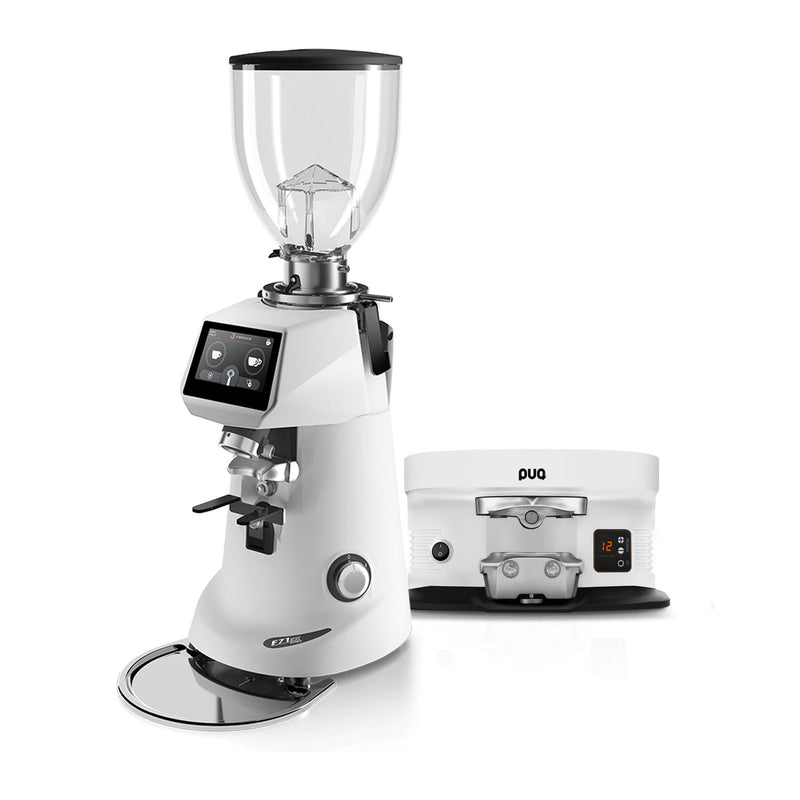 f71 ek pro grinder with puqpress m4 tamper in white