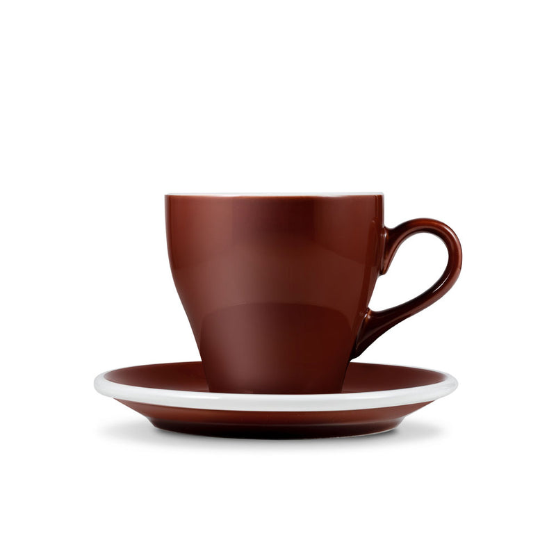 tulip shaped latte cup in brown with saucer