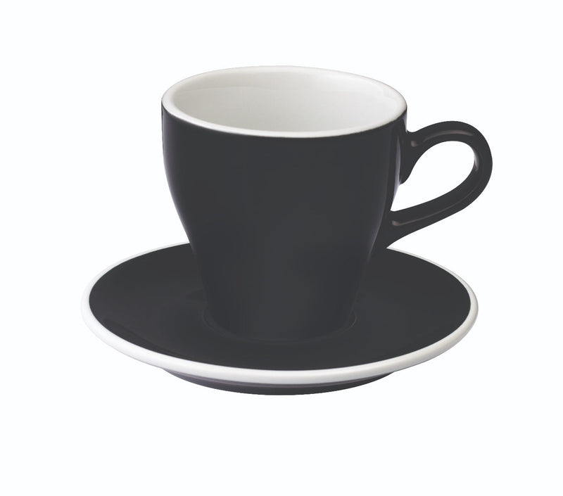 tulip shaped latte cup in black with saucer