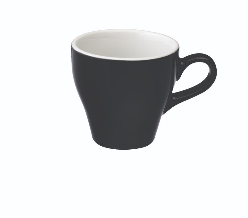 tulip shaped latte cup in black with saucer