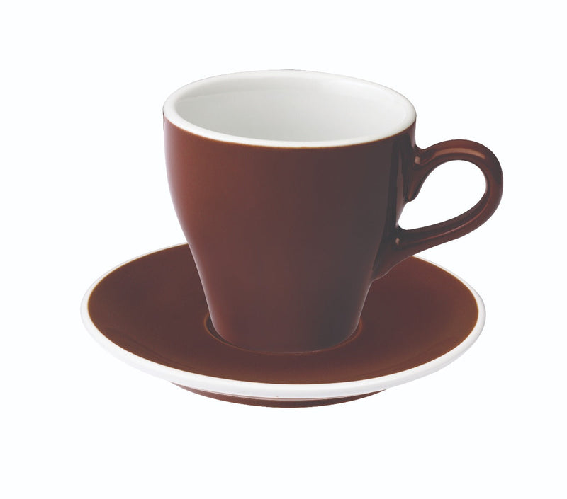 tulip shaped latte cup in brown with saucer