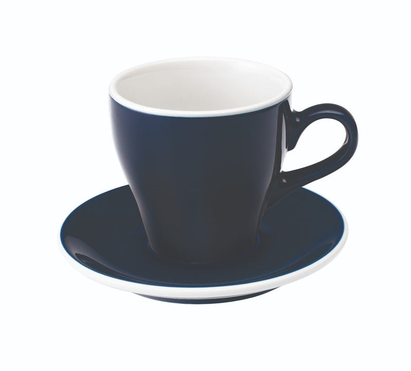 tulip shaped latte cup in denim with saucer