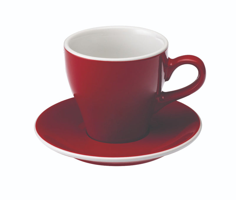 tulip shaped latte cup in red with saucer