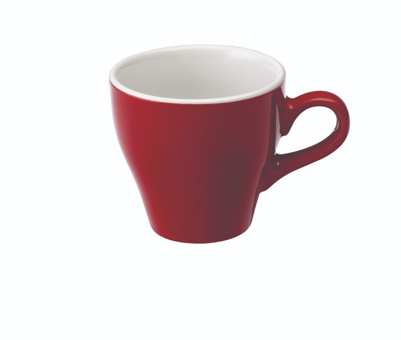 tulip shaped latte cup in red with saucer