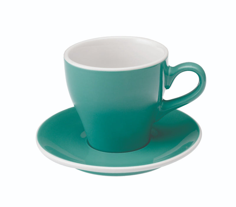 tulip shaped latte cup in teal with saucer