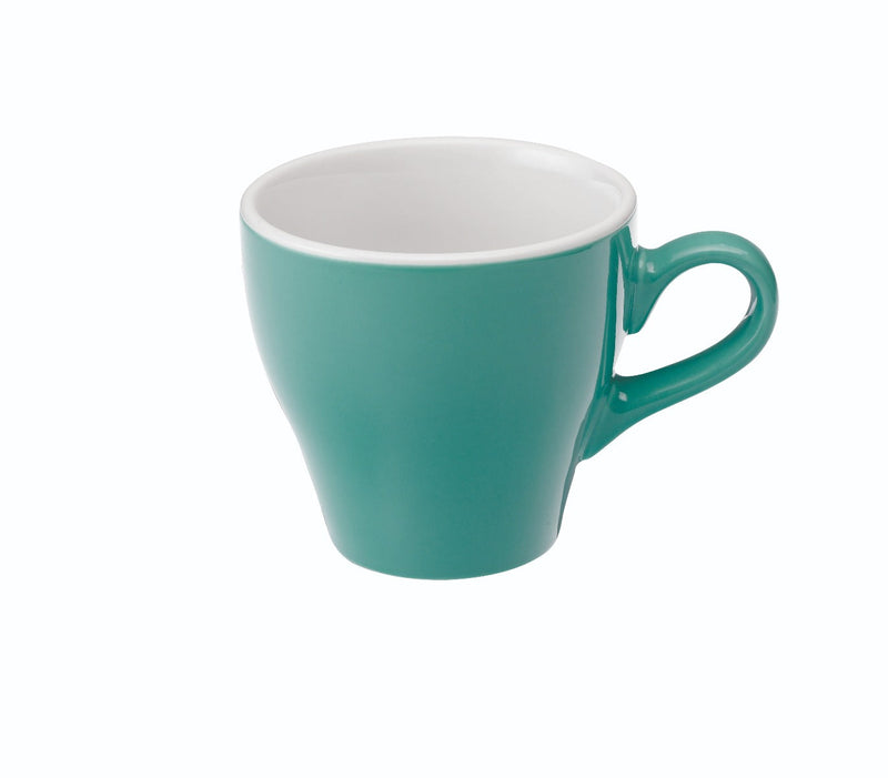 tulip shaped latte cup in teal with saucer