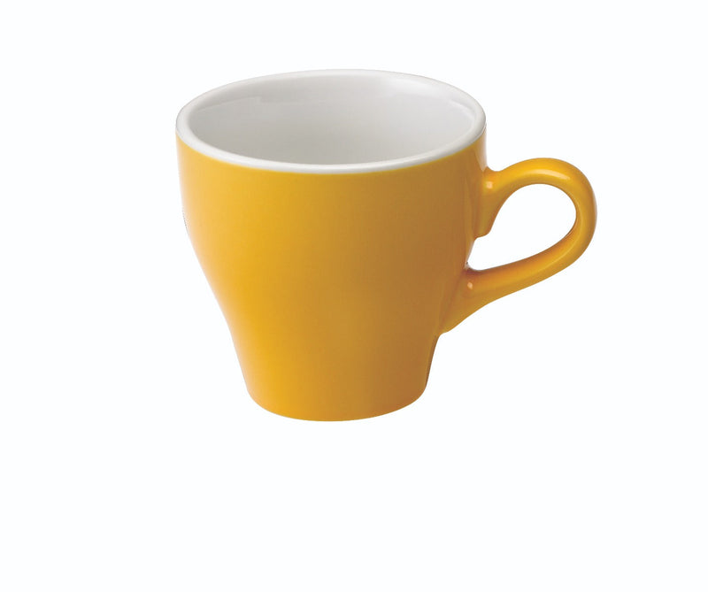 tulip shaped latte cup in yellow with saucer