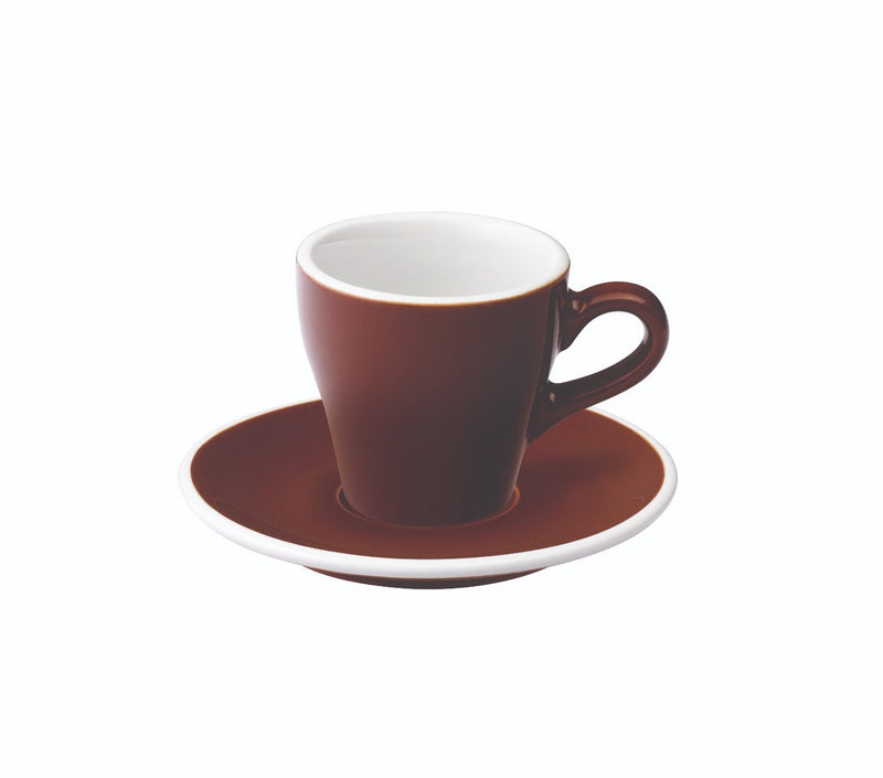 brown tulip shaped espresso cup and saucer