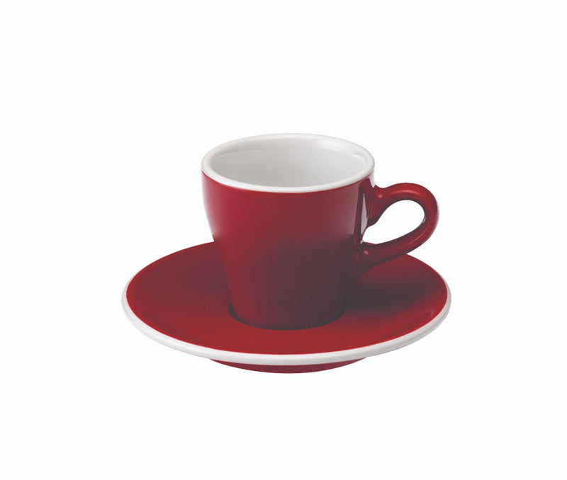 red tulip shaped espresso cup and saucer