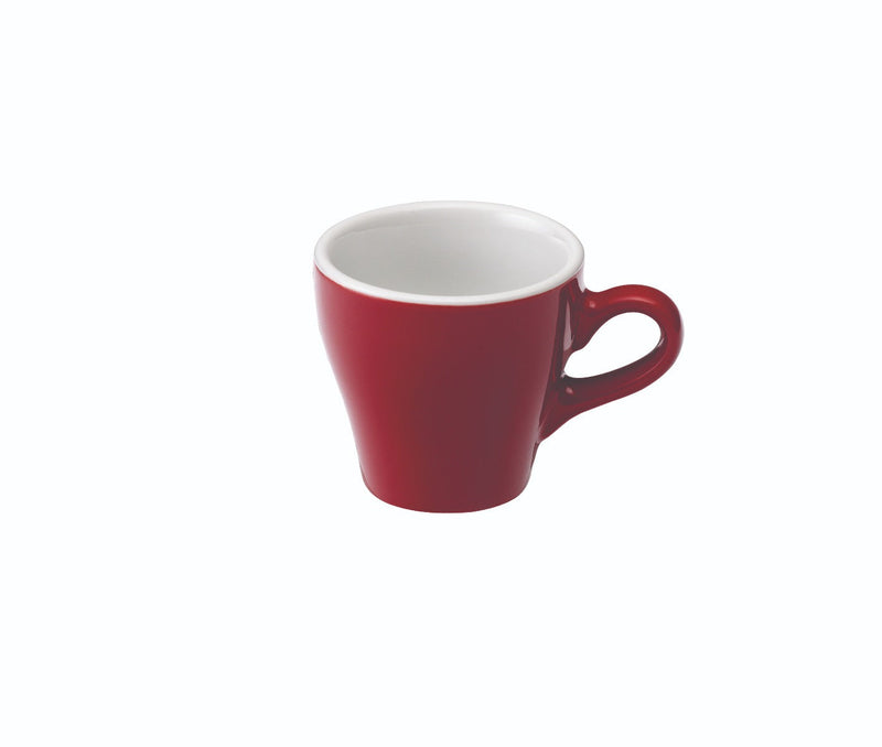 red tulip shaped espresso cup and saucer