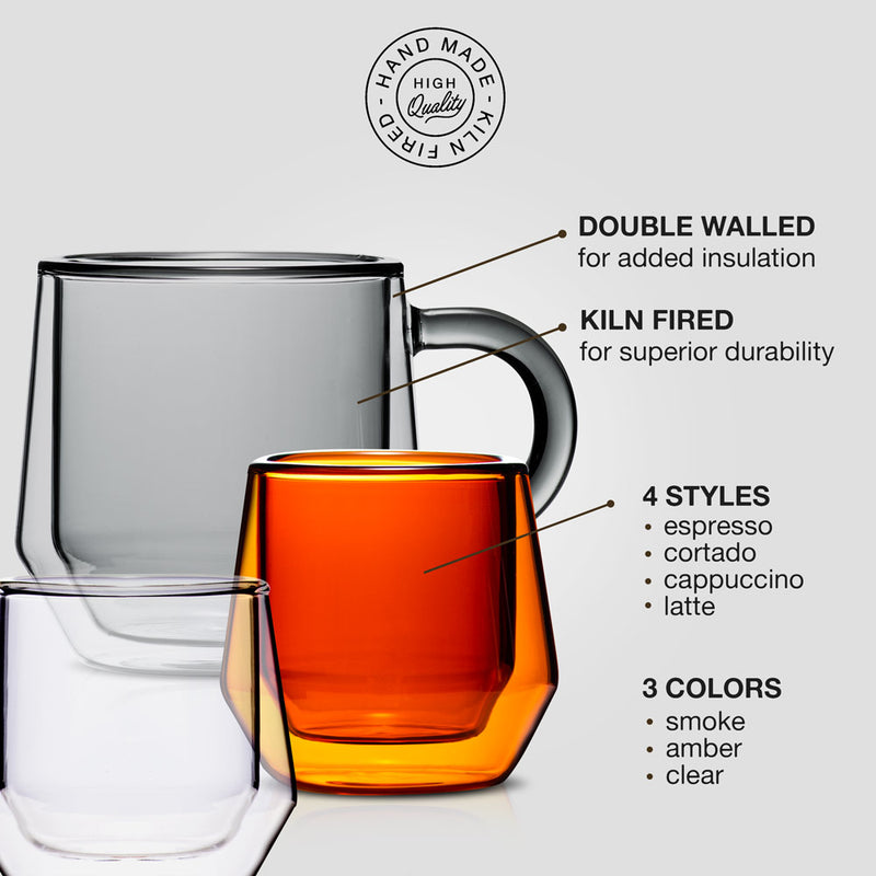 Kaffe 16oz Large Glass Coffee Cups - Double-Wall Clear Coffee Mug Set -  Insulated Glass Cups for Latte, Espresso, Cappuccino, Tea (Set of 2) 
